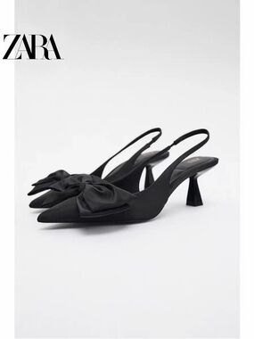 ZARA Black Pointed Slingback Heels with Bow Detail